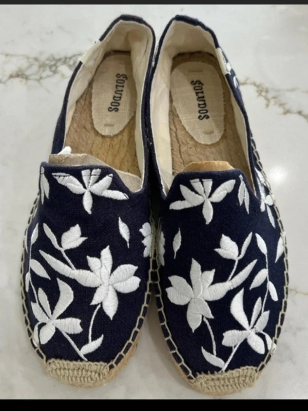 Soludos Navy Canvas Espadrilles with White Floral Embroidery